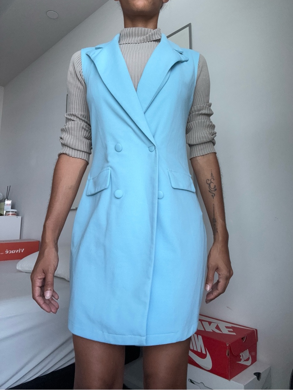 Sleeveless Double-Breasted Light Blue Blazer Dress